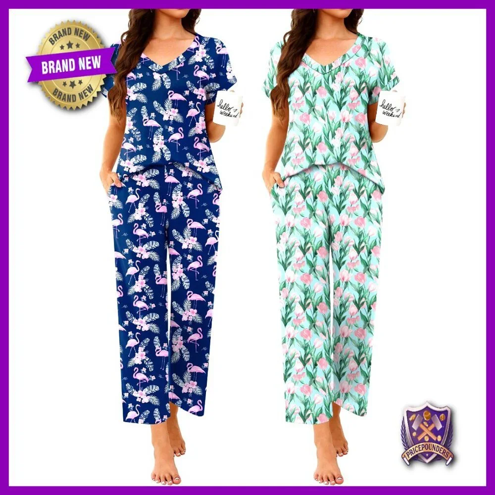 2 Pack V Neck Pajama Set Short Sleeve Lounge Wear Soft Polyester S-XXL